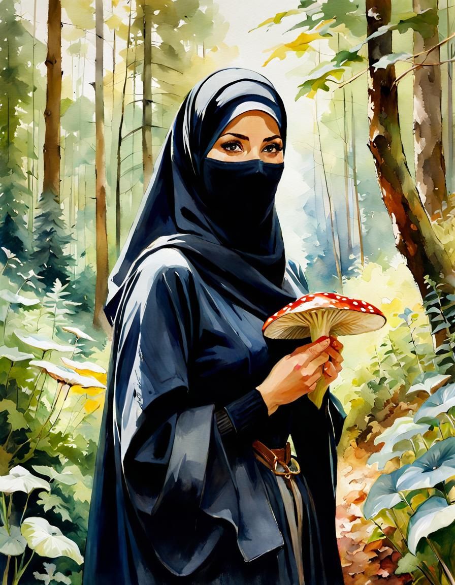 Biologist Investigates Forest Mushrooms, Watercolor Illustra...