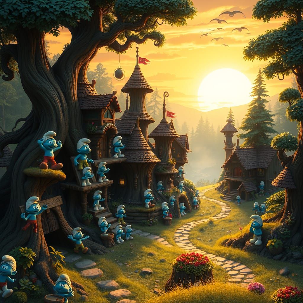 Whimsical Smurf Village at Sunset in a Lush, Misty Forest