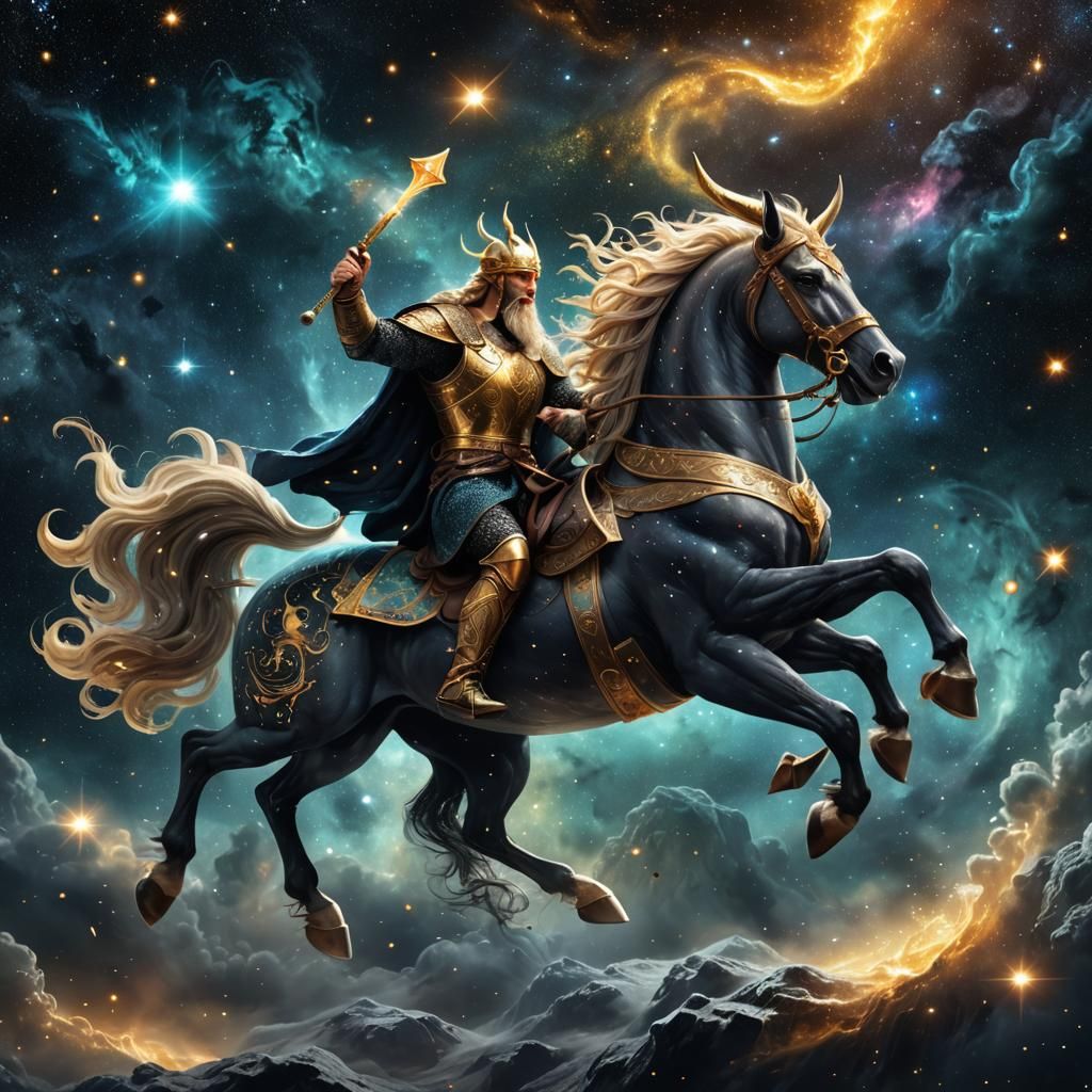 Viking God Rides Glass Horse in Deep Space
