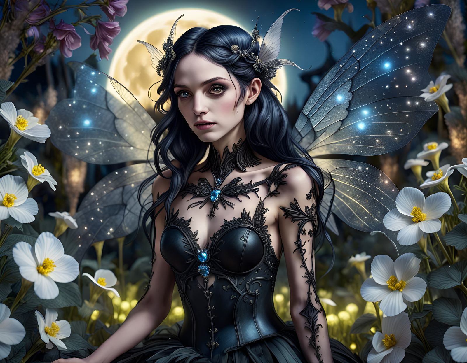 Gothic Fairy in Moonlit Garden, Astral Illustration