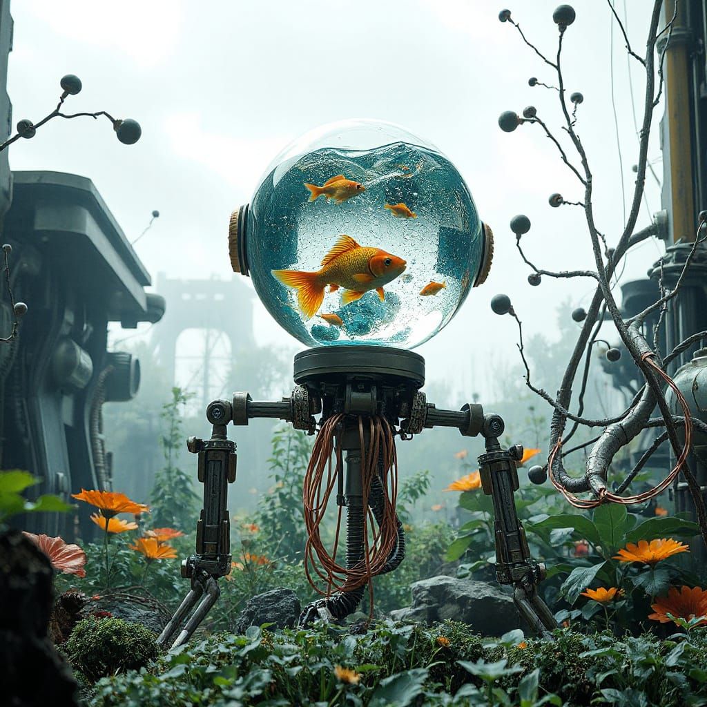 Futuristic Robot with Aquatic Crystal Head in Ethereal Garde...