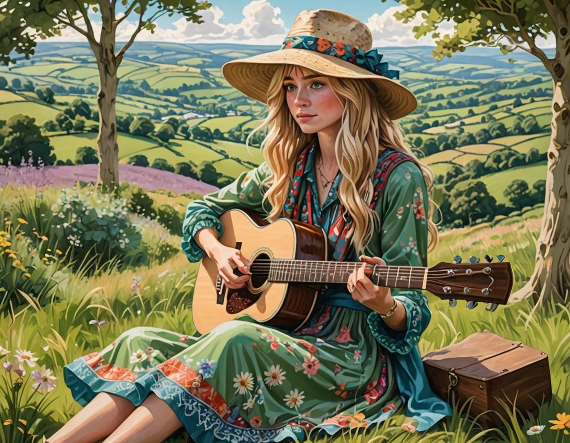 Blonde Girl with Guitar in Anime Style