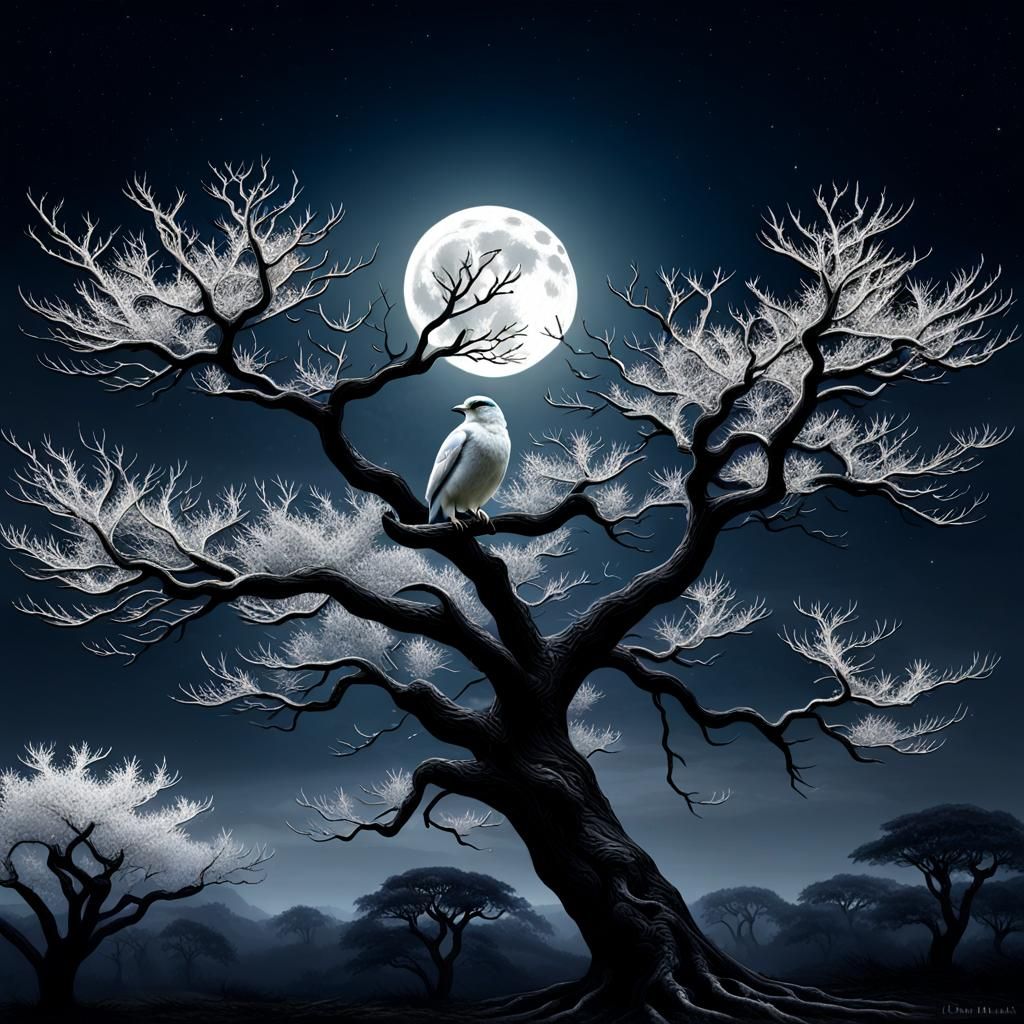 White Dove in Dark Fantasy Landscape