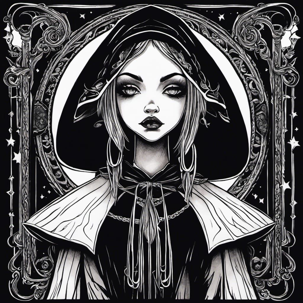 Pouty Witch Girl in Art Brut Ink Drawing