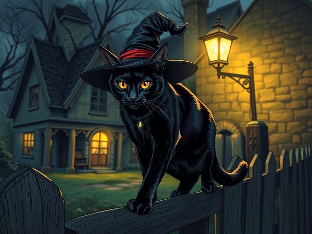 Witch Cat on Fence in Dark Fantasy Comic Style
