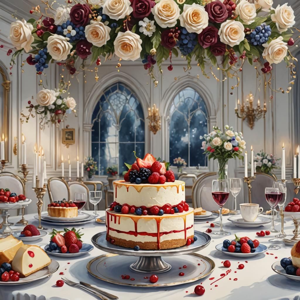 Watercolor Wedding Cheesecake on White Table