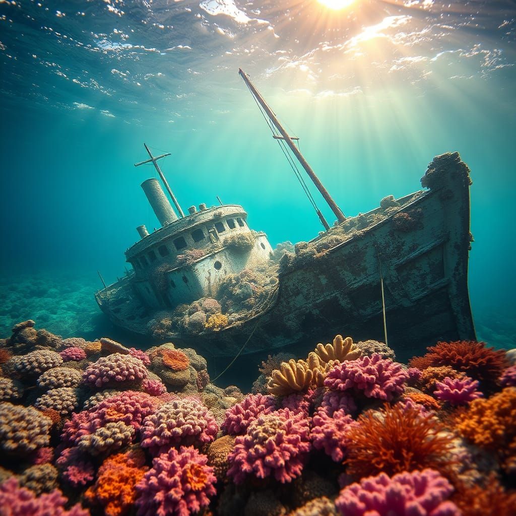 Coral-Covered Shipwreck Scene with Pastel Coral Reef