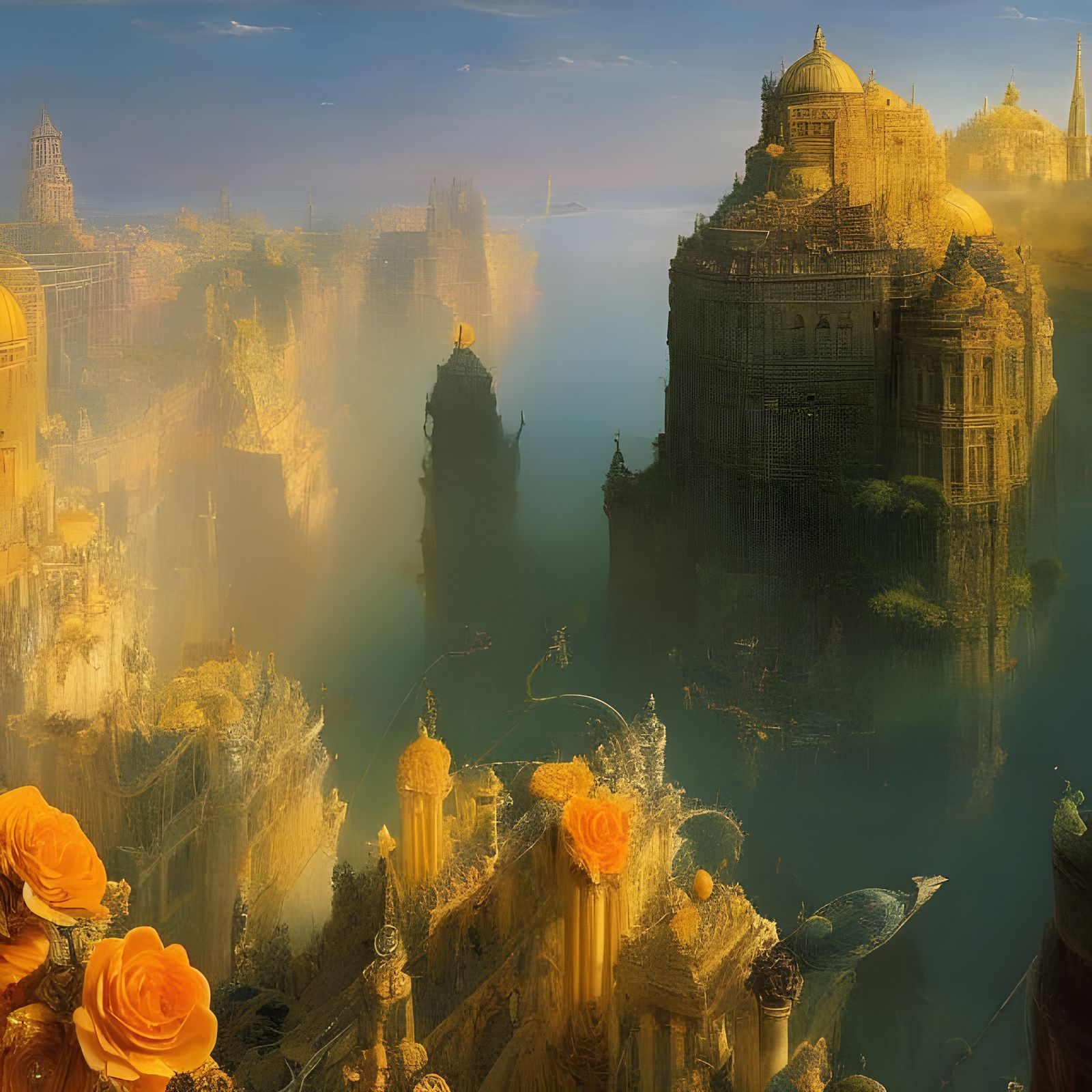 Rose-Crowned Building Overlooking Canal: Hyperrealistic Digi...