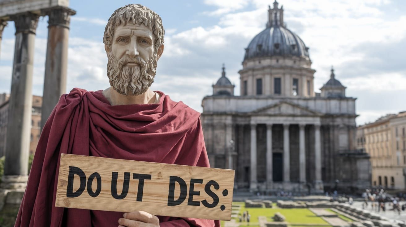 Roman Philosopher in Forum with Moral Sign