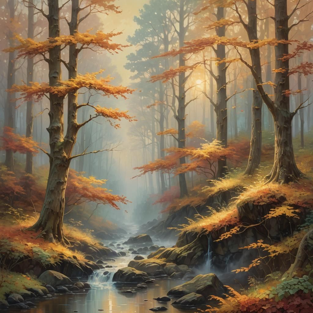 Ethereal Autumn Forest Landscape in Impasto Style