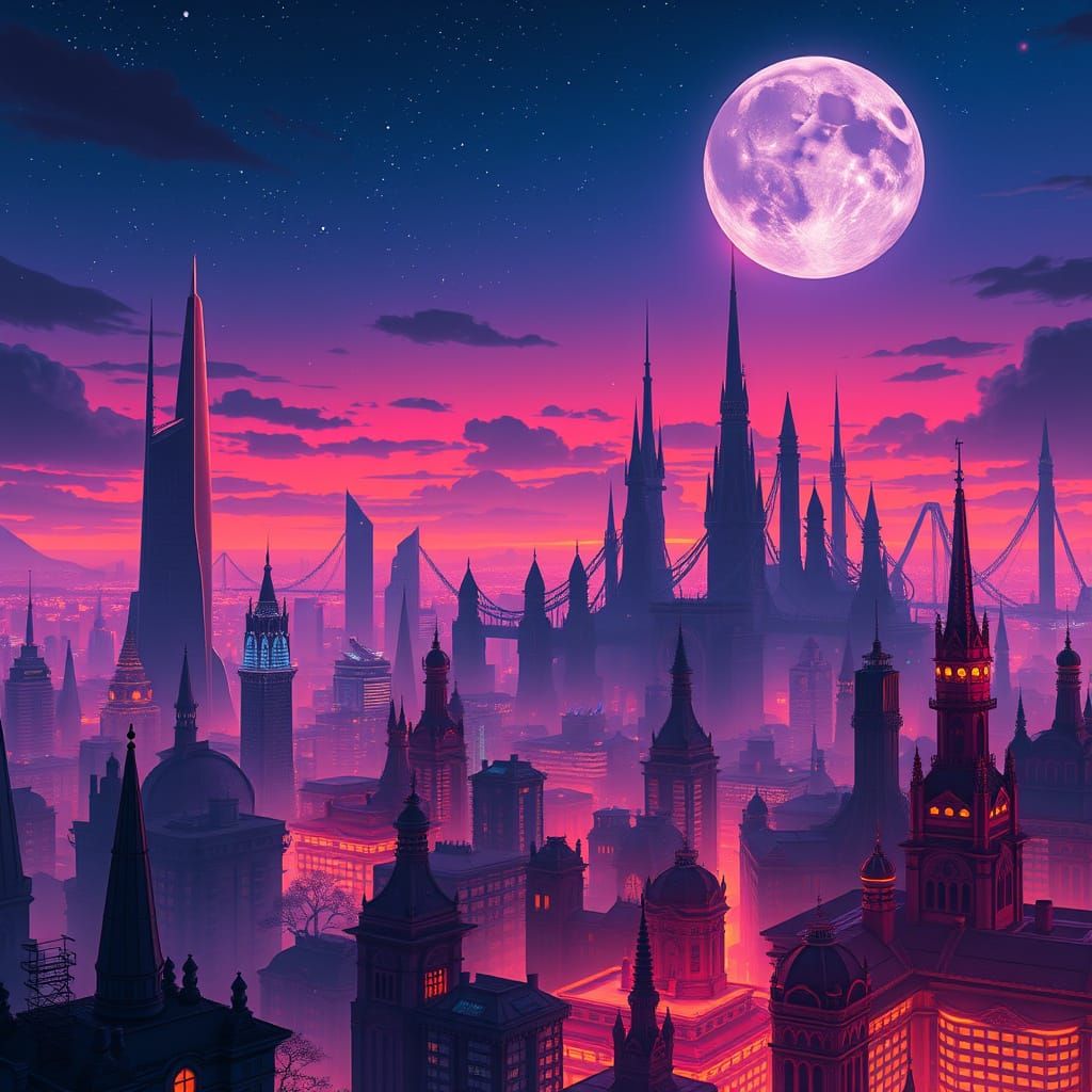 Surreal Cityscape at Dusk in Cyberpunk Style