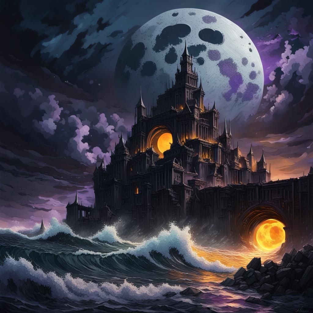 Black Moon Over Ruined City in Dark Fantasy Style
