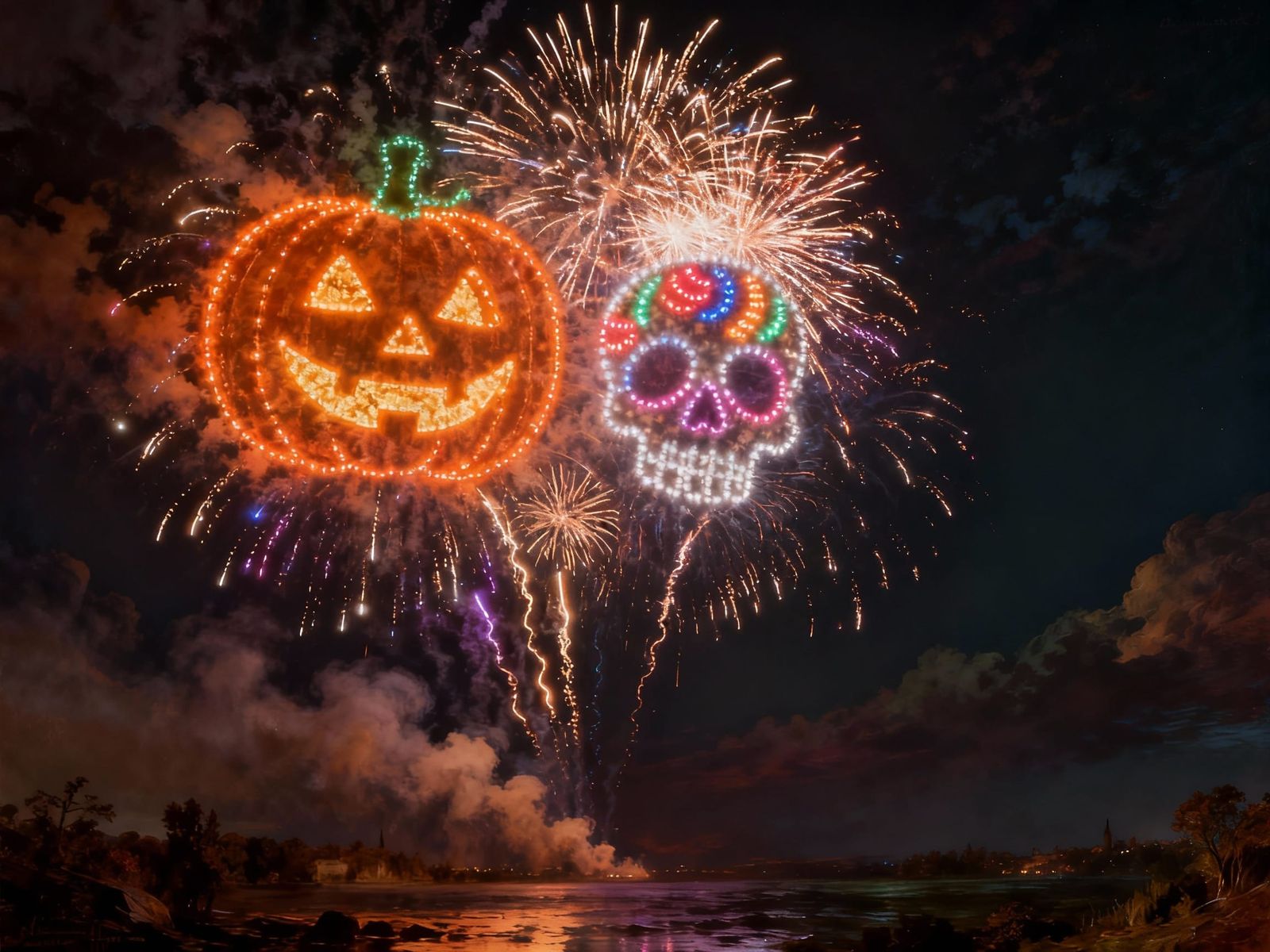Halloween Icons Bursting in Dramatic Night Sky Fireworks