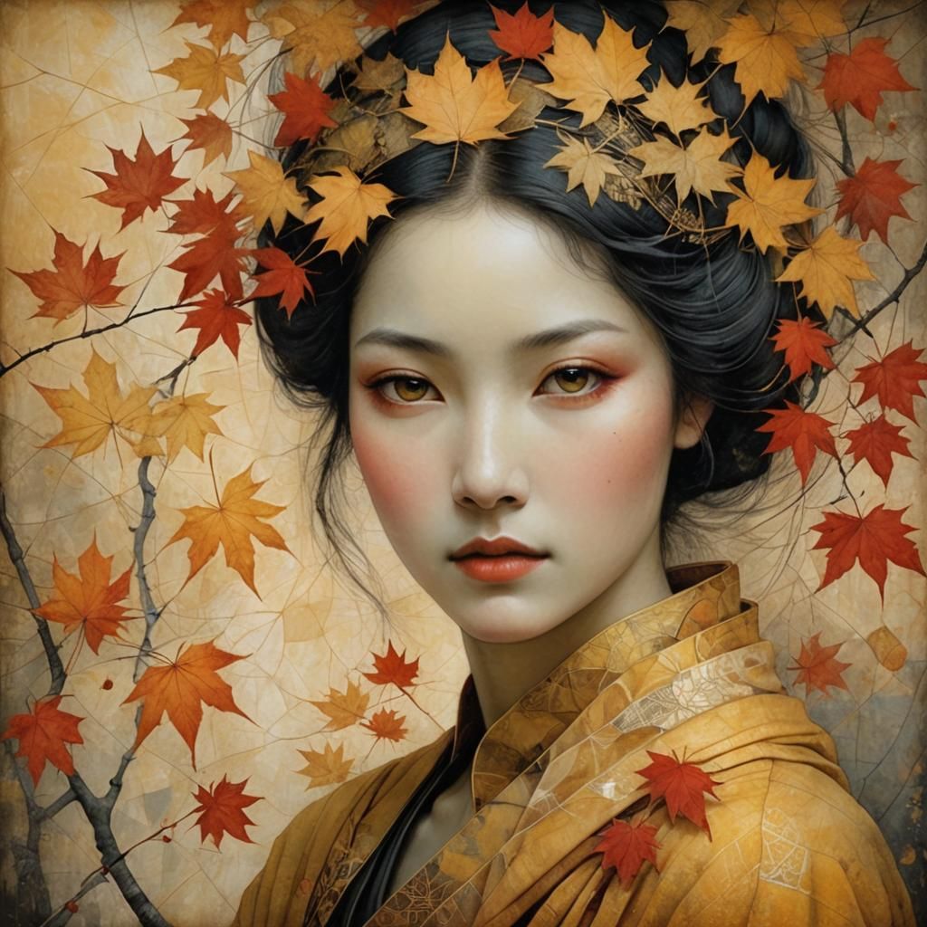 Young Woman in Golden Crepe, Surrealist Portrait