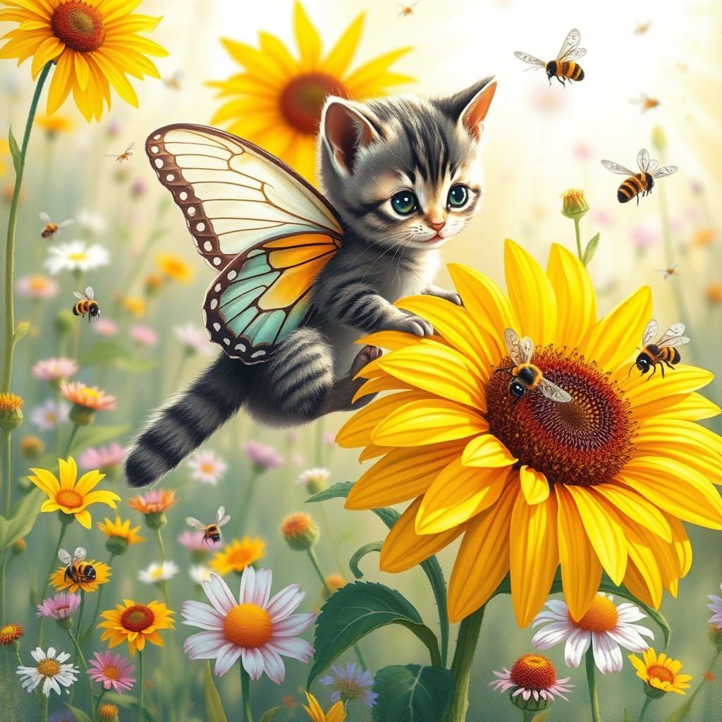 Mariposagatito on Sunflower in Painterly Style