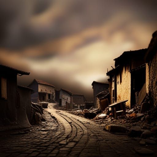 Dark Mediaeval Miner's Village with Steampunk Robots