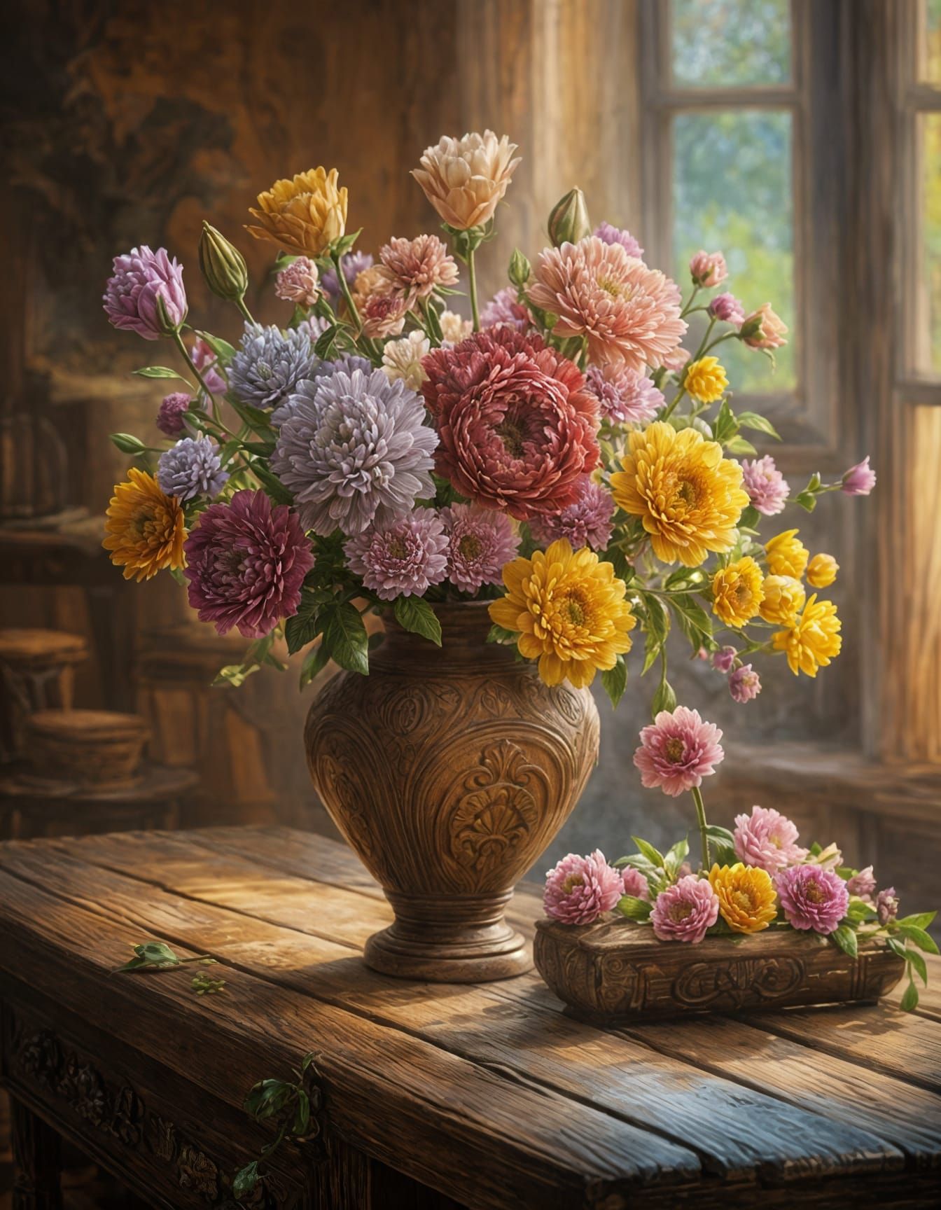 Antique Table with Flowers: 3D Render in Oil Painting Style