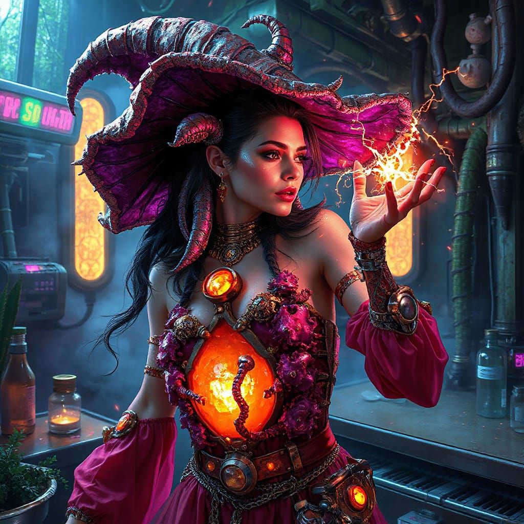 Biopunk Witch Casting Spell in Neon Lab