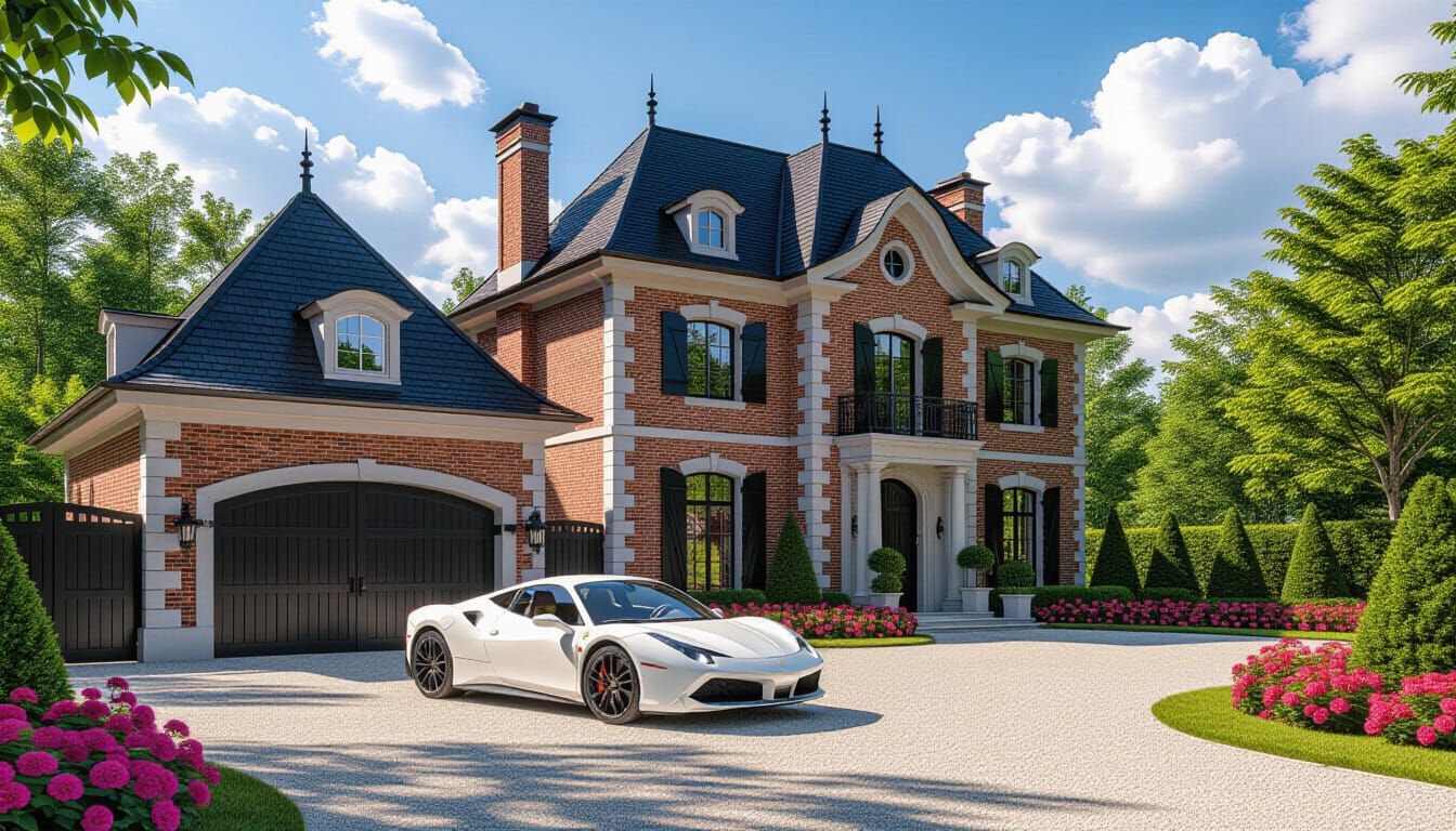 Grand Brick Chateau with Sports Car and Flower Garden