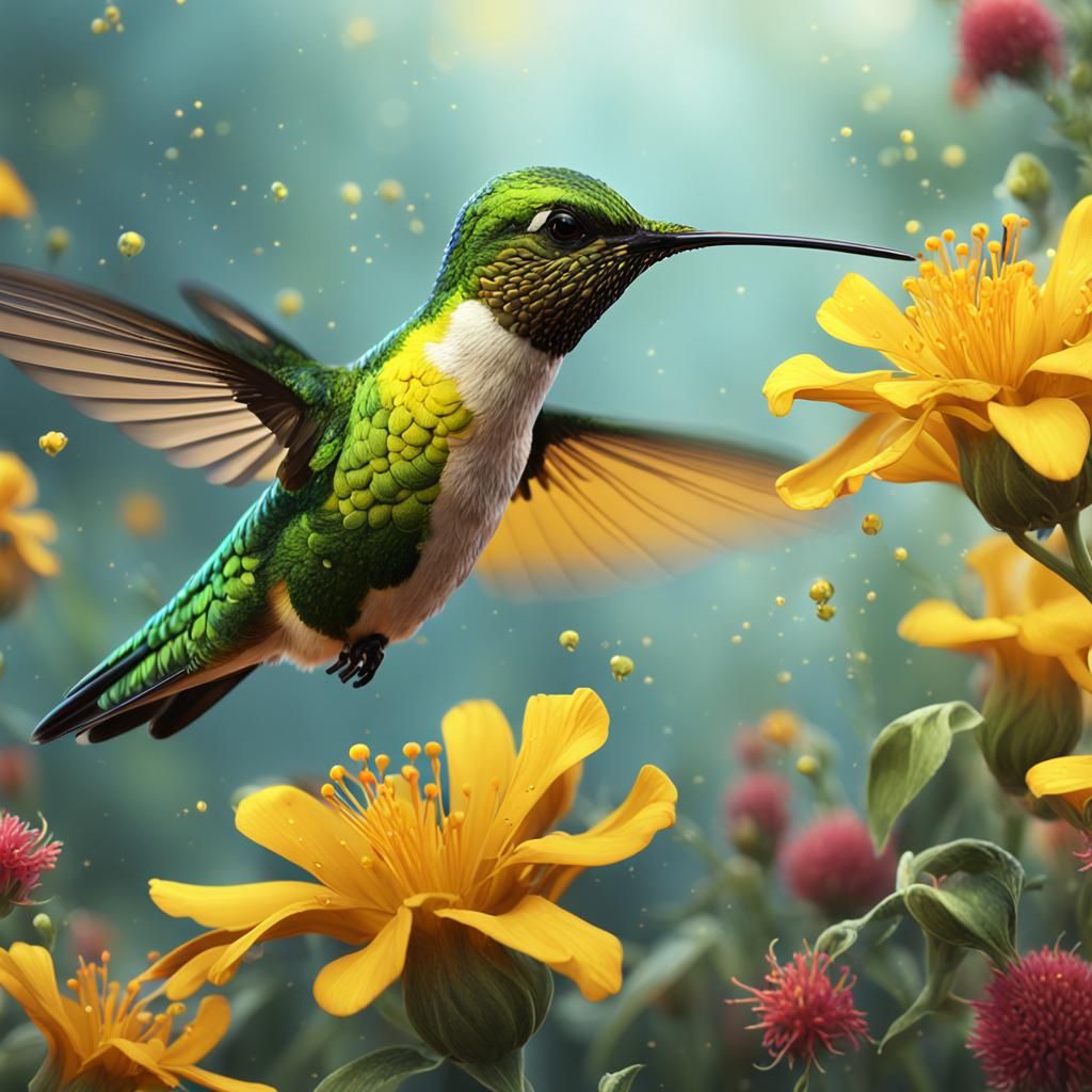Hummingbird Nectar Close-Up: Hyperrealistic Detailed Art