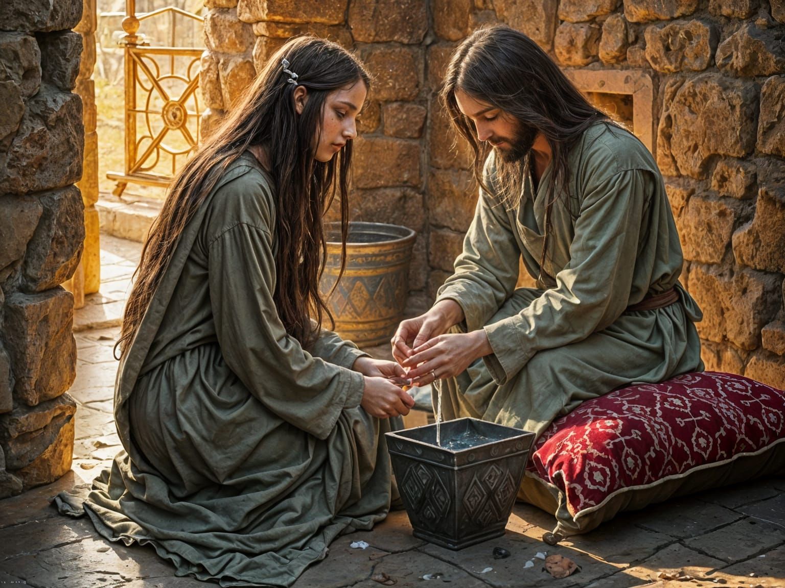 Surreal Devotional Scene of Mary Magdalene Washing Jesus' Fe...