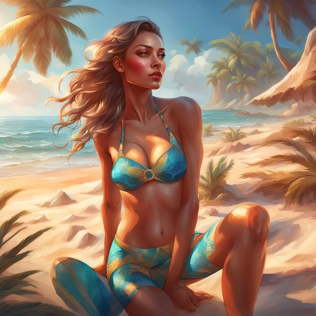 Stunning Beach Goddess in Vibrant Triadic Colors