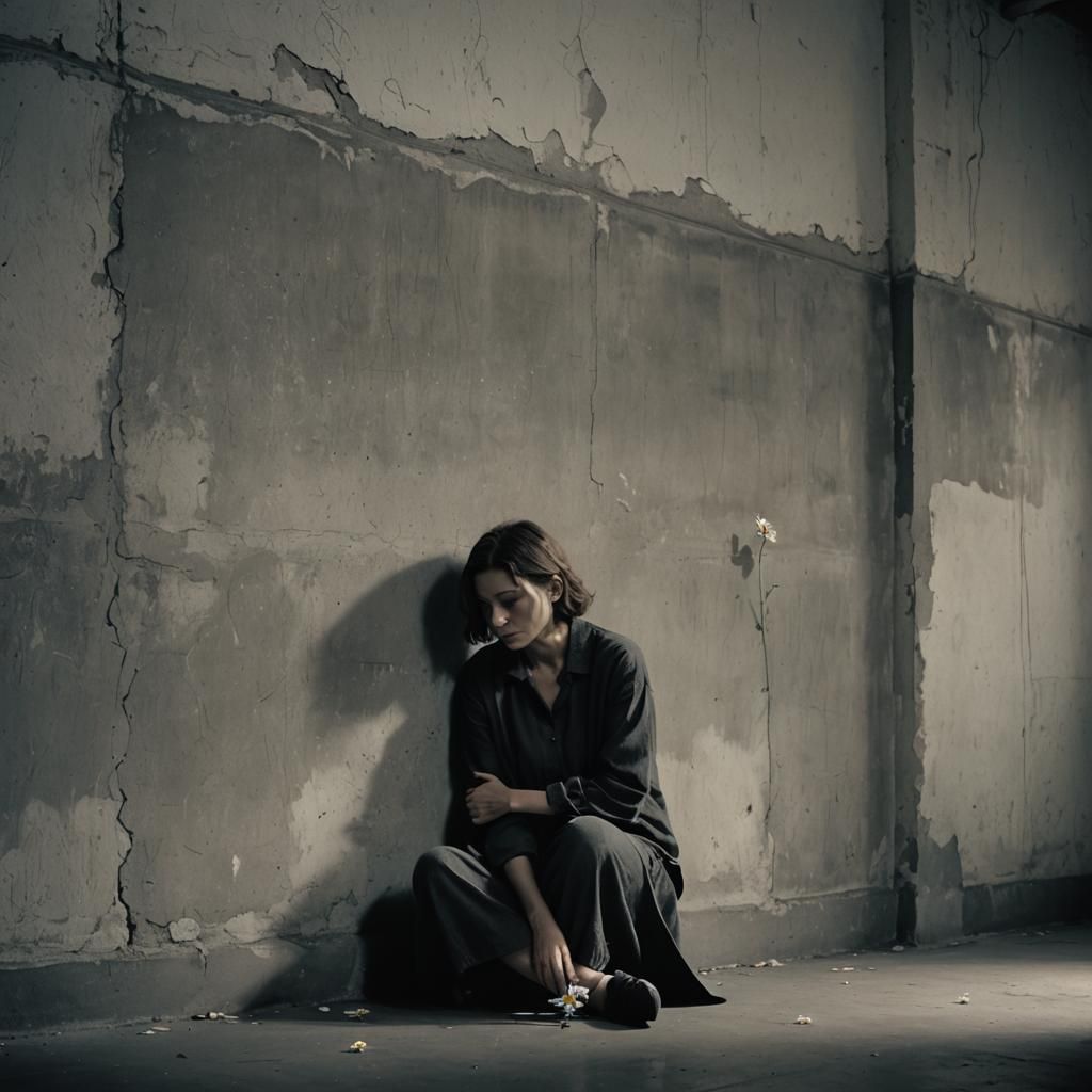Melancholic Woman with Daisy in Bleak Room