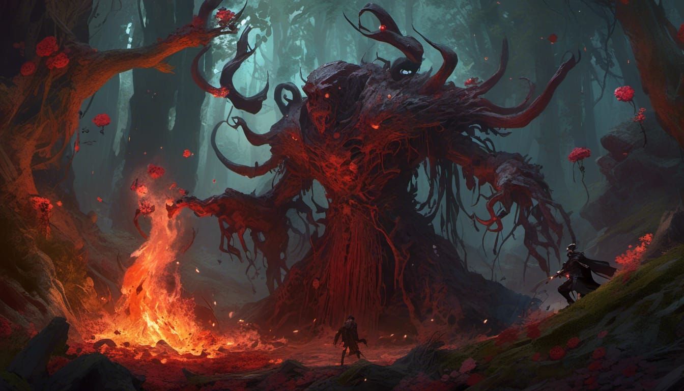 Eldritch Warlock Casting Fire Spell in Ominous Forest