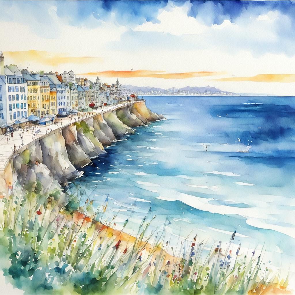 Watercolor Coastal Skyline with Depth of Field