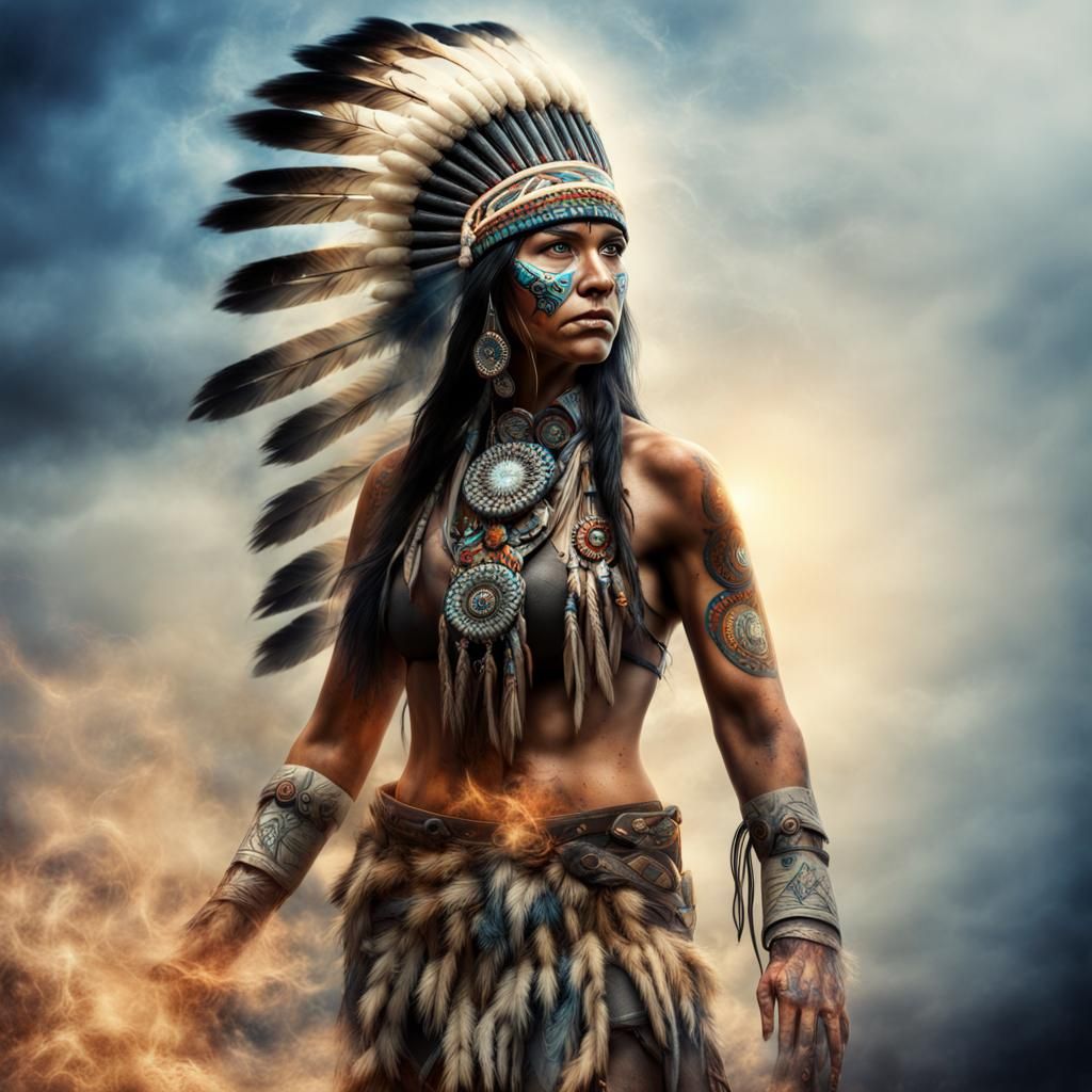 Native American Warrior with Fractal Aura, Hyperrealistic Ar...