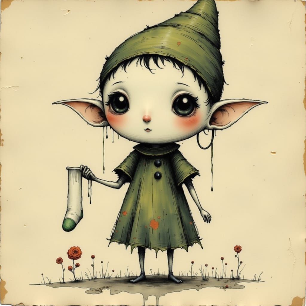 Dobbie the House Elf Holding a Sock in Watercolour Style