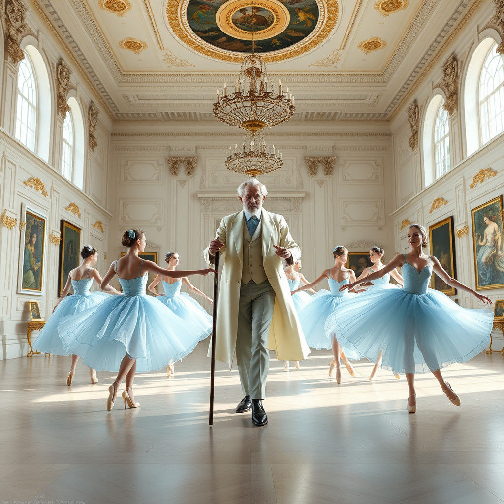 Ballerinas Dance with Elderly Man in Ballroom