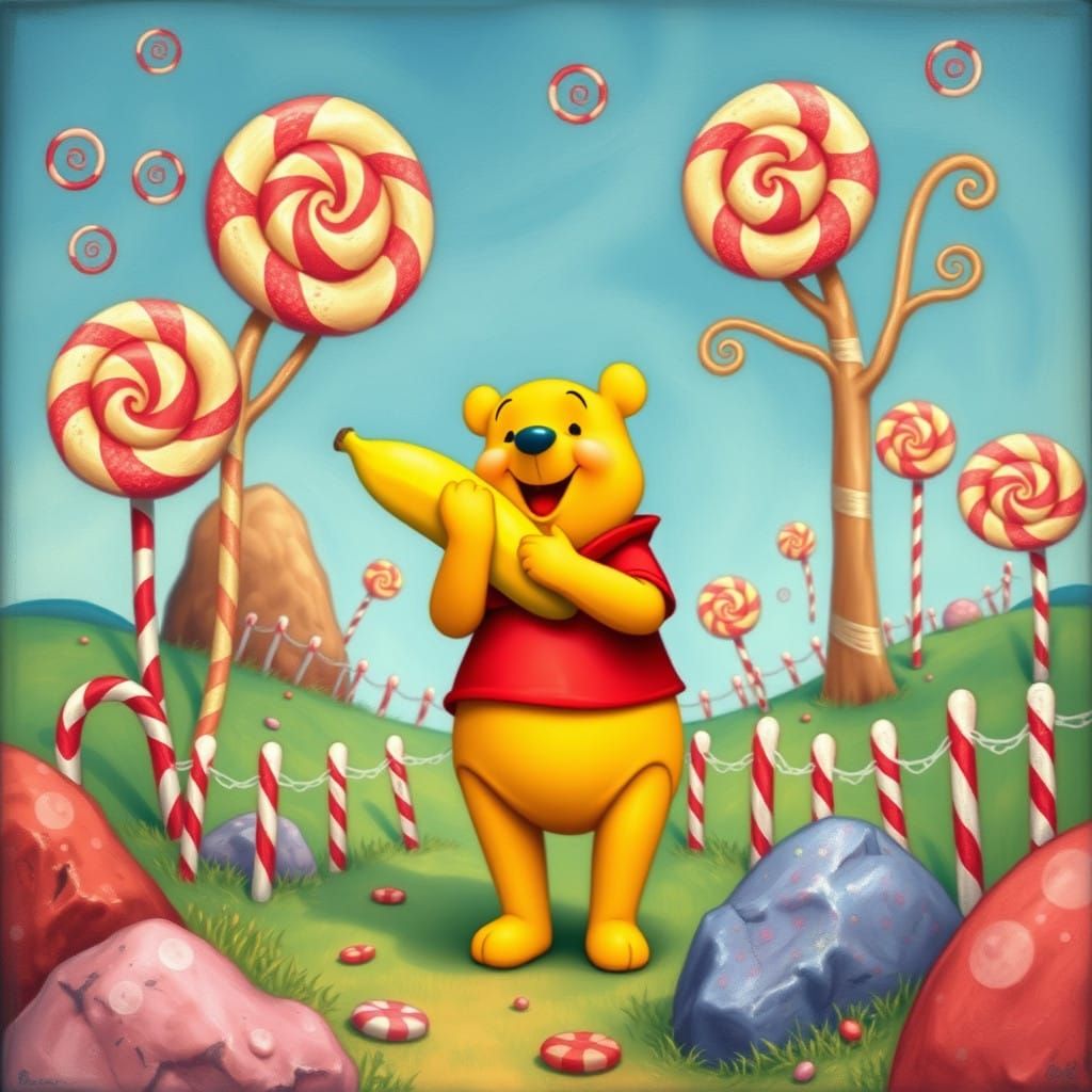Surreal Winnie the Pooh Character Devours Banana in Whimsica...