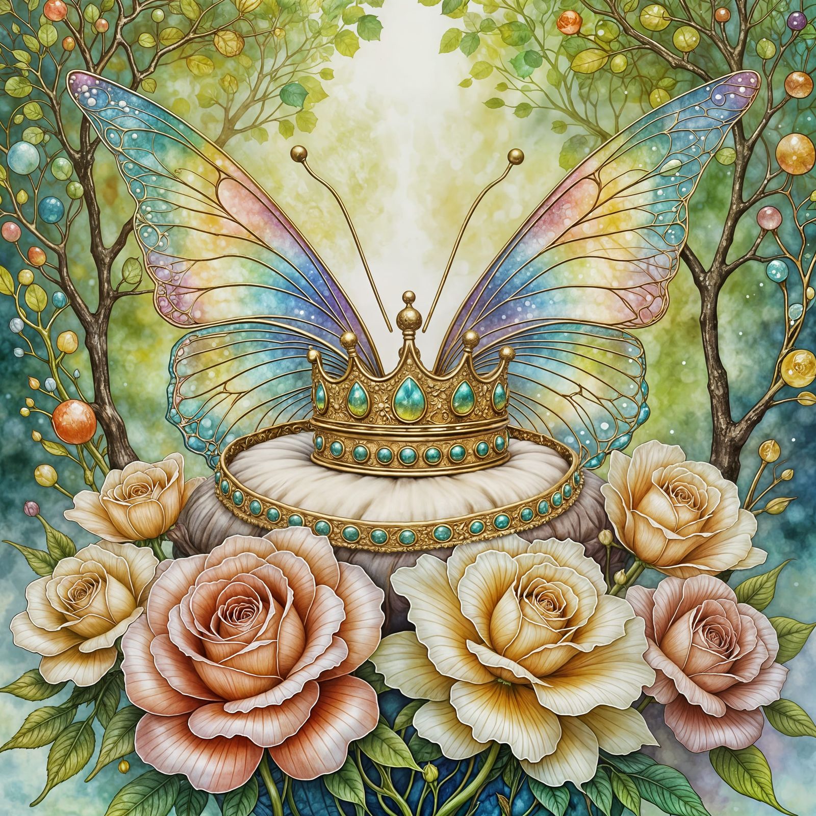Tiny Ornate Crown on Dew-Kissed Roses with Fairy Wings