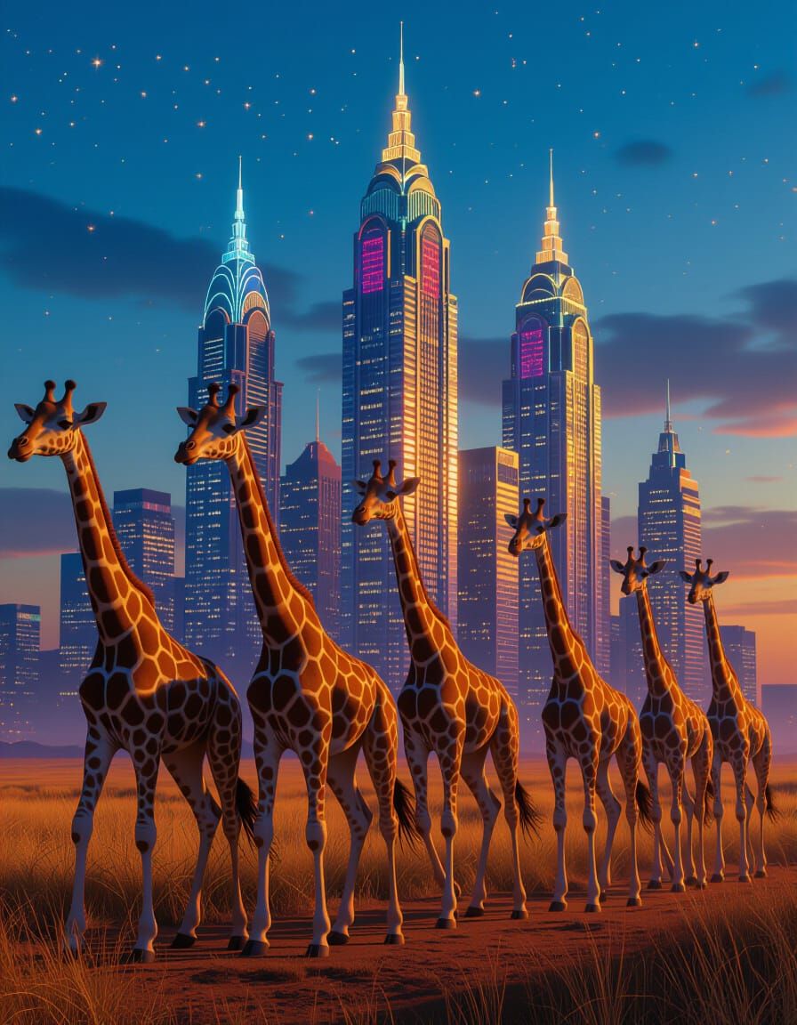 Giraffes in Halloween Costumes as Art Deco Skyscrapers
