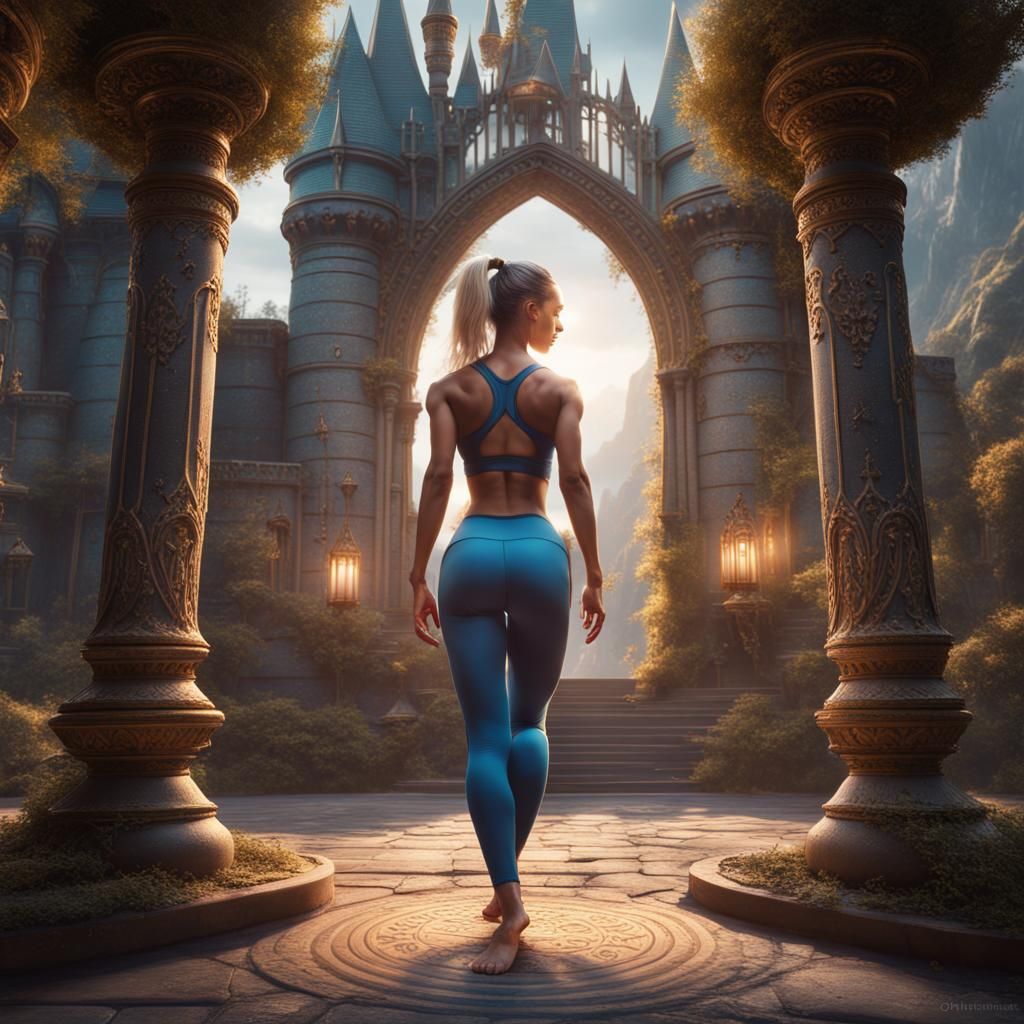 Yoga Girl in Fantasy Castle: Detailed Digital Art