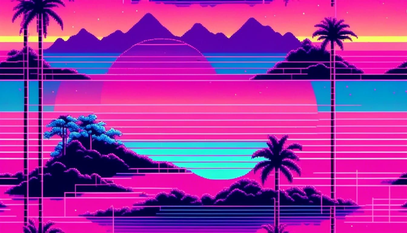 <lora:Pixel style:1.0> Vaporwave Aesthetic art. 80s landscape