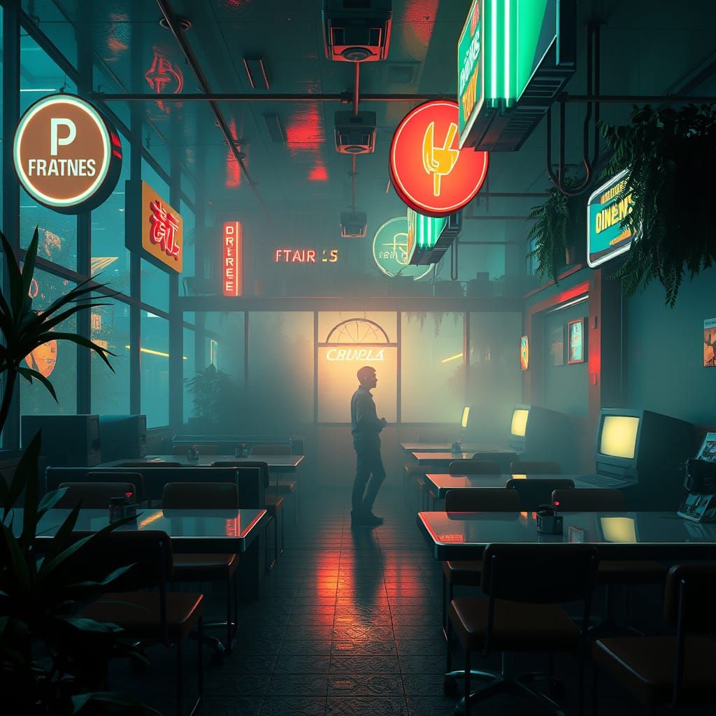 Surreal Retro-Futuristic Diner Scene in Neon and Fog