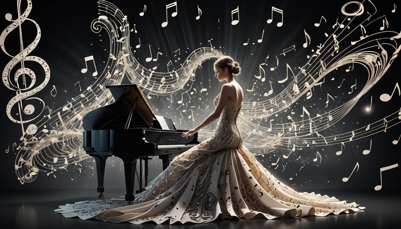 Ethereal Pianist Composed of Music Notes in 3D Render