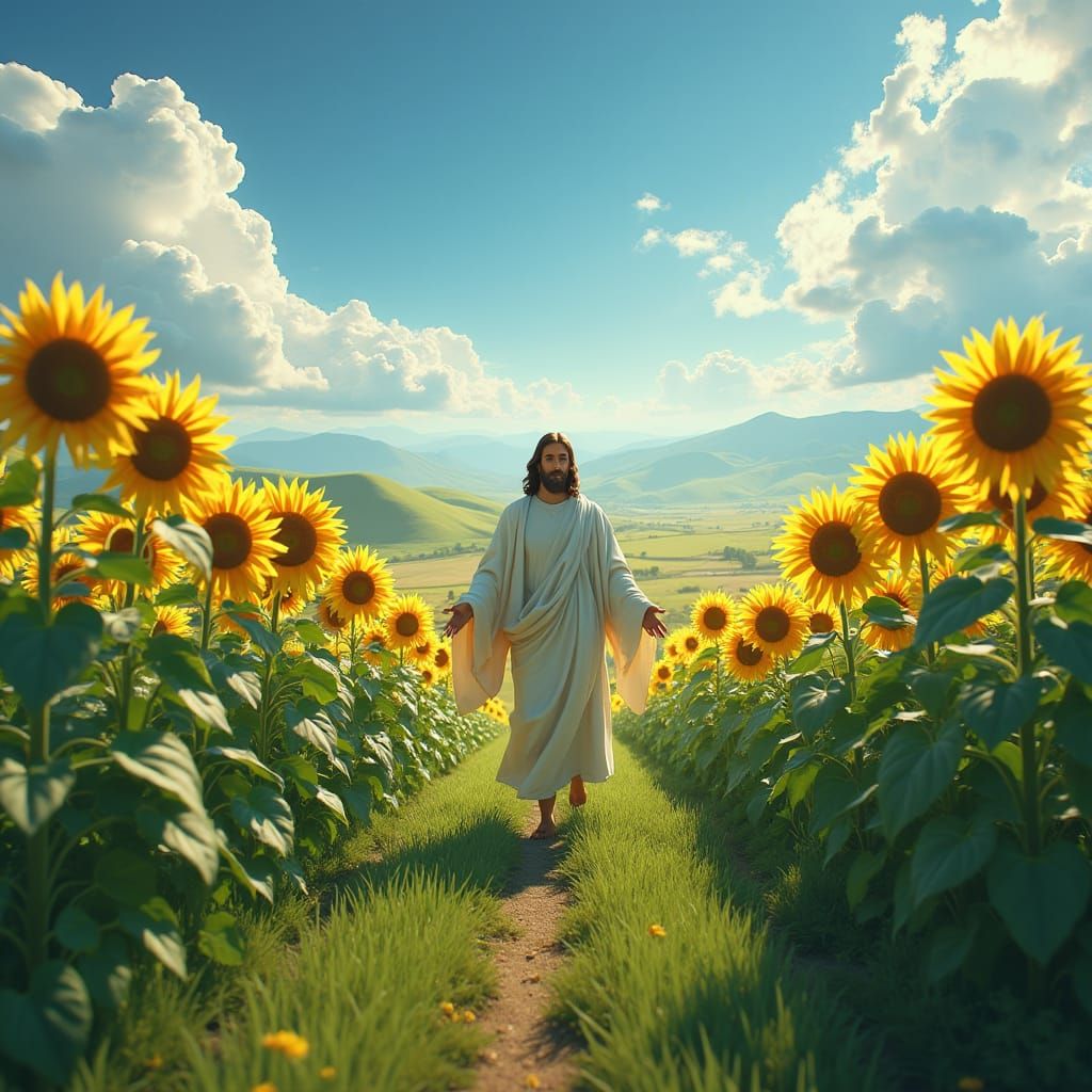 Jesus in Emerald Field of Sunflowers, Fantasy Art
