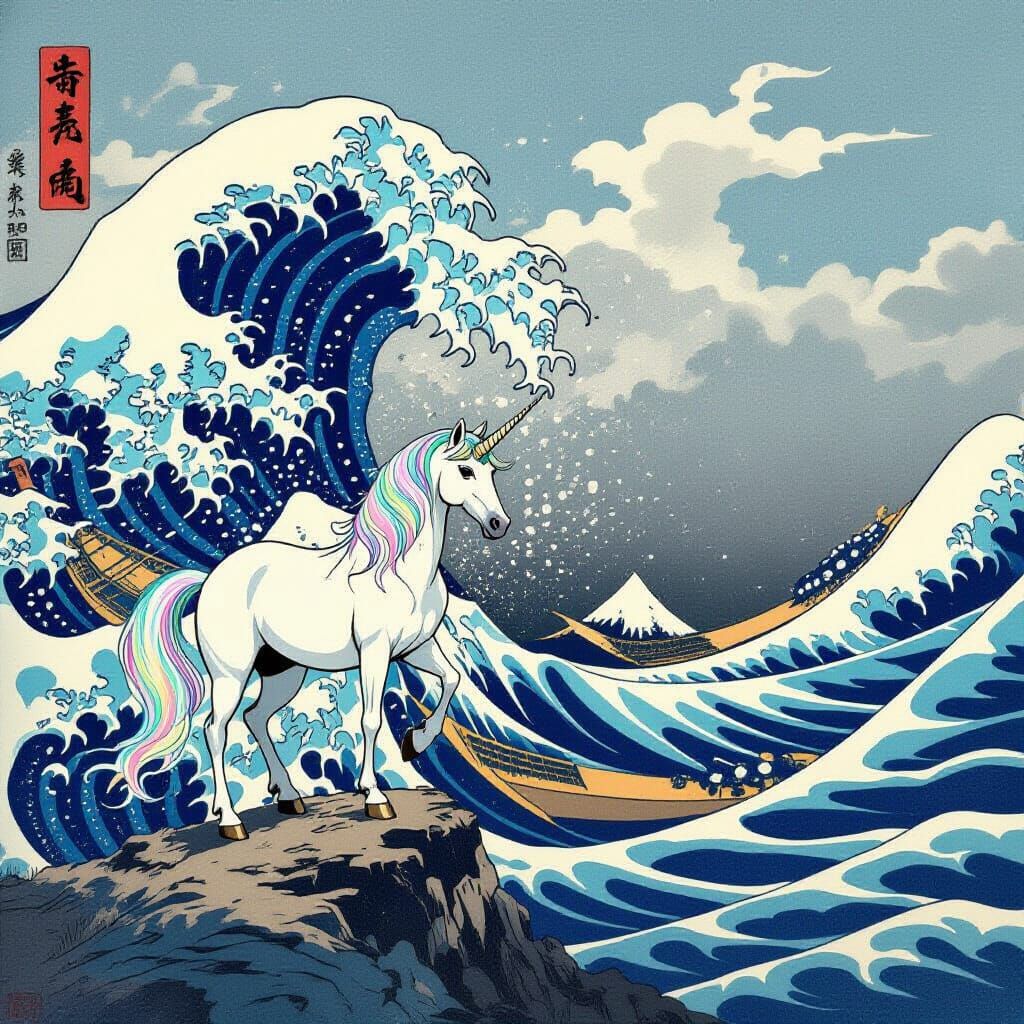 Majestic Unicorn Before Giant Ukiyo-e Wave
