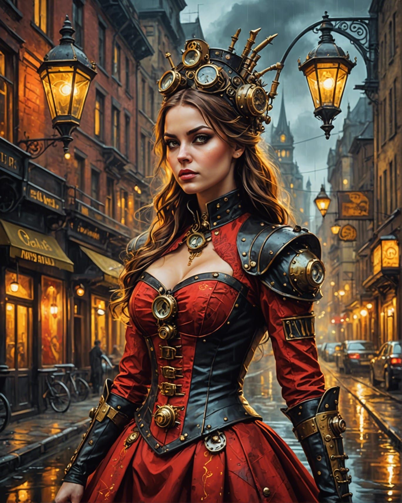 Steampunk Piranha in Red Dress, Oil on Canvas