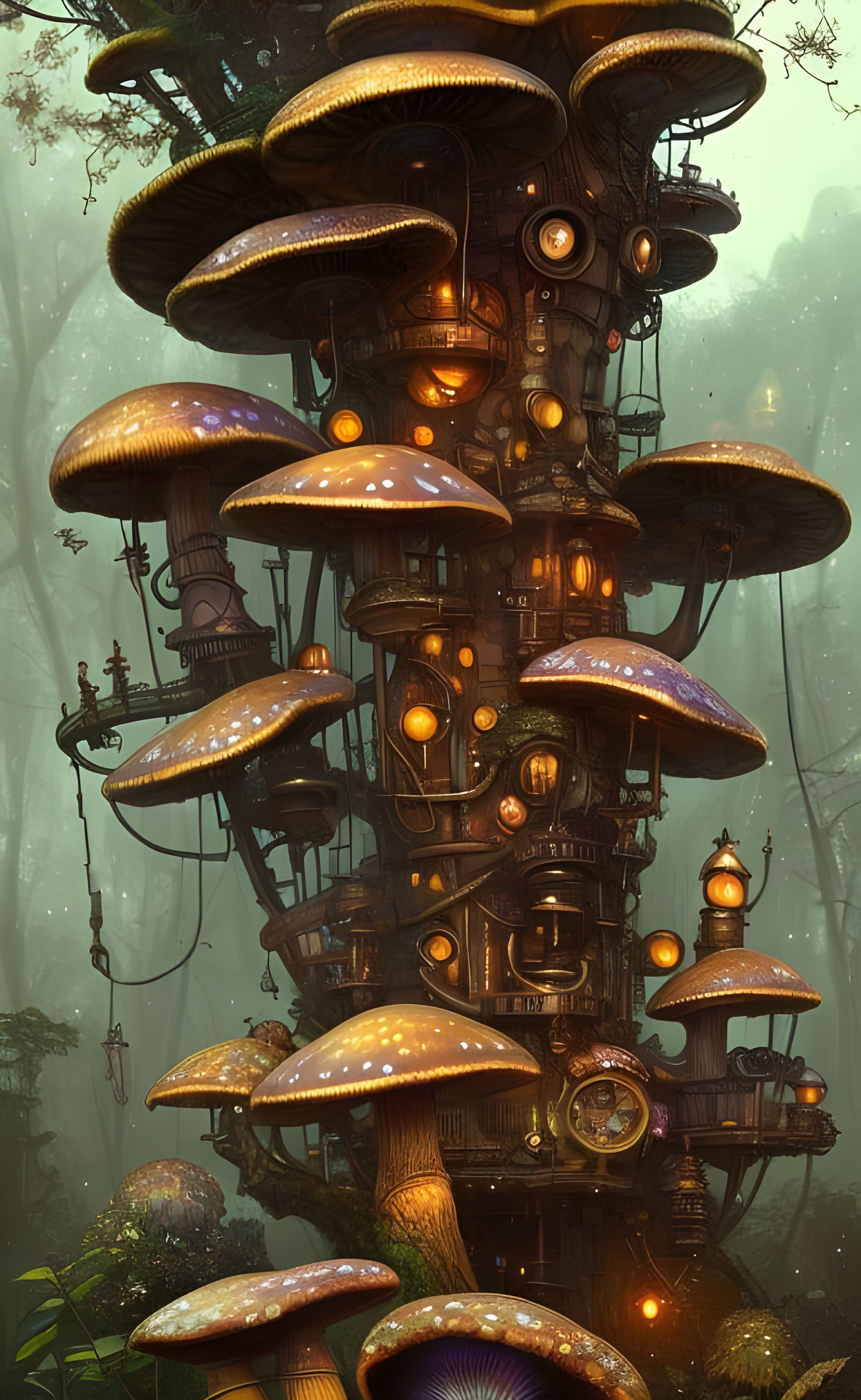 Steampunk Mushroom Treehouse in Cosmic Style