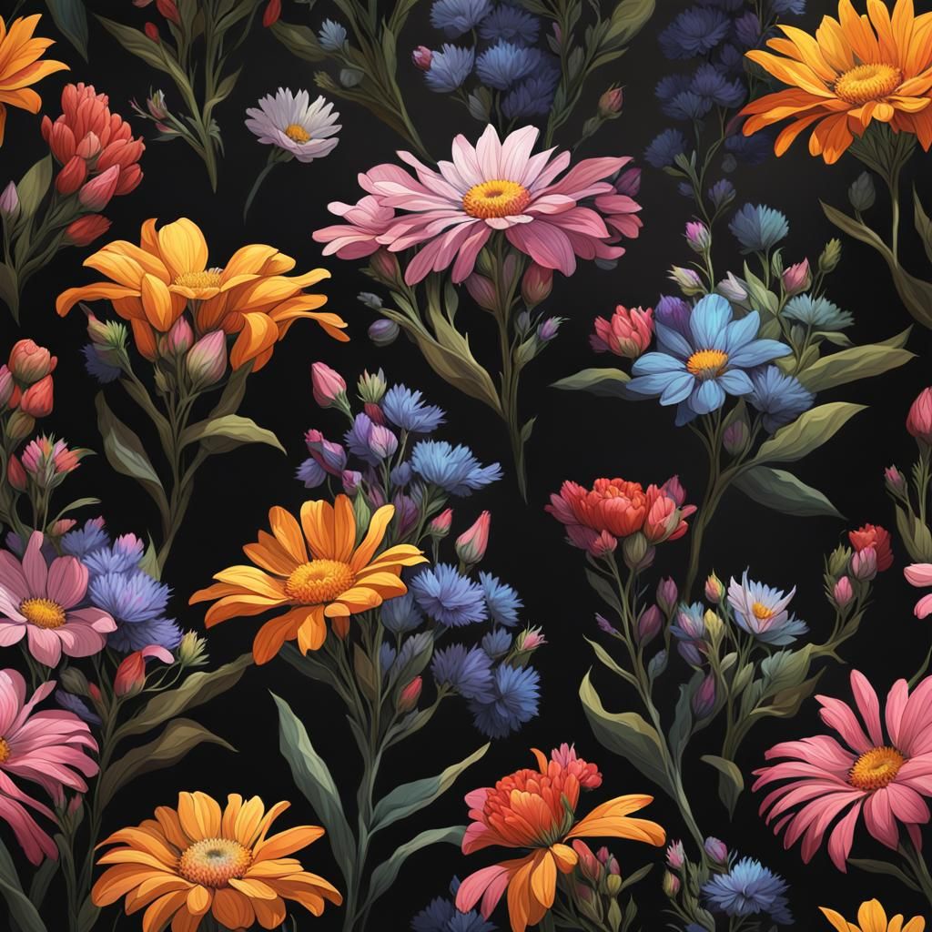 Wildflowers Against Black Backdrop in Digital Art Style