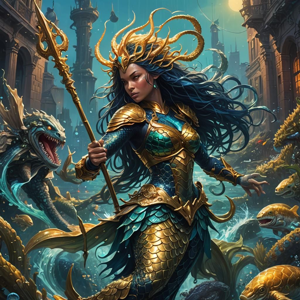 Armored Mermaid vs Kraken in Fantasy Realism