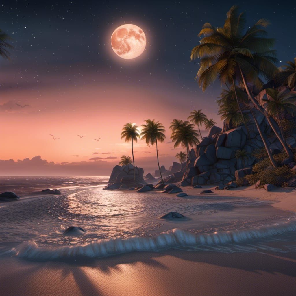 Full Moon Over a Beautiful Night Beach