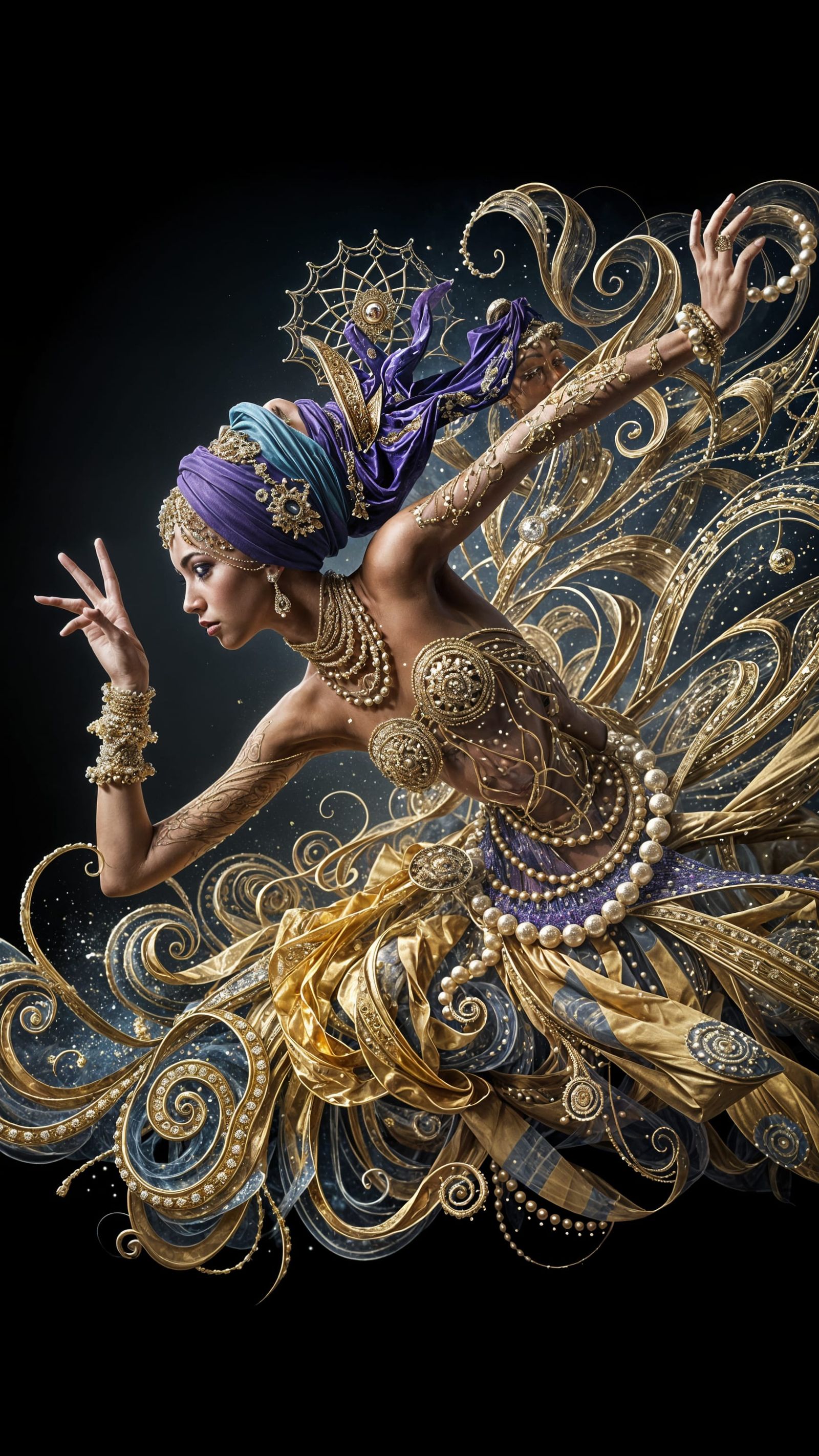 Surreal Dancer Dissolving into Fragments in Zentangle Style