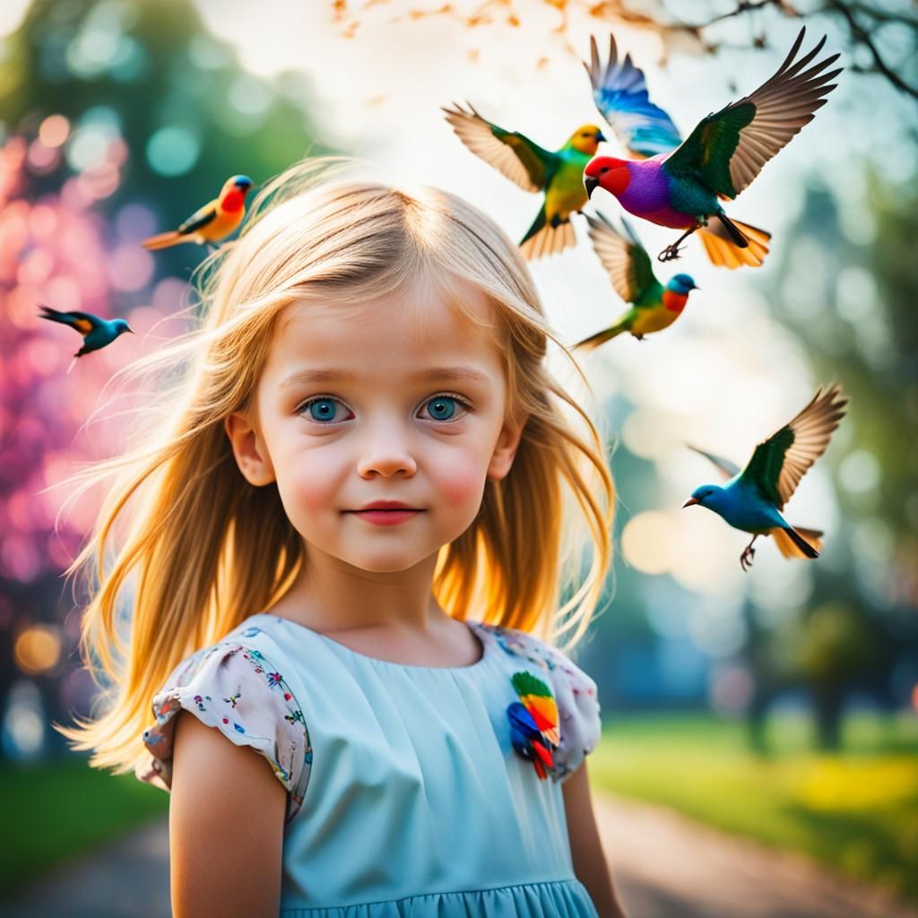Blonde Girl with Multicolored Birds: Professional Photograph...