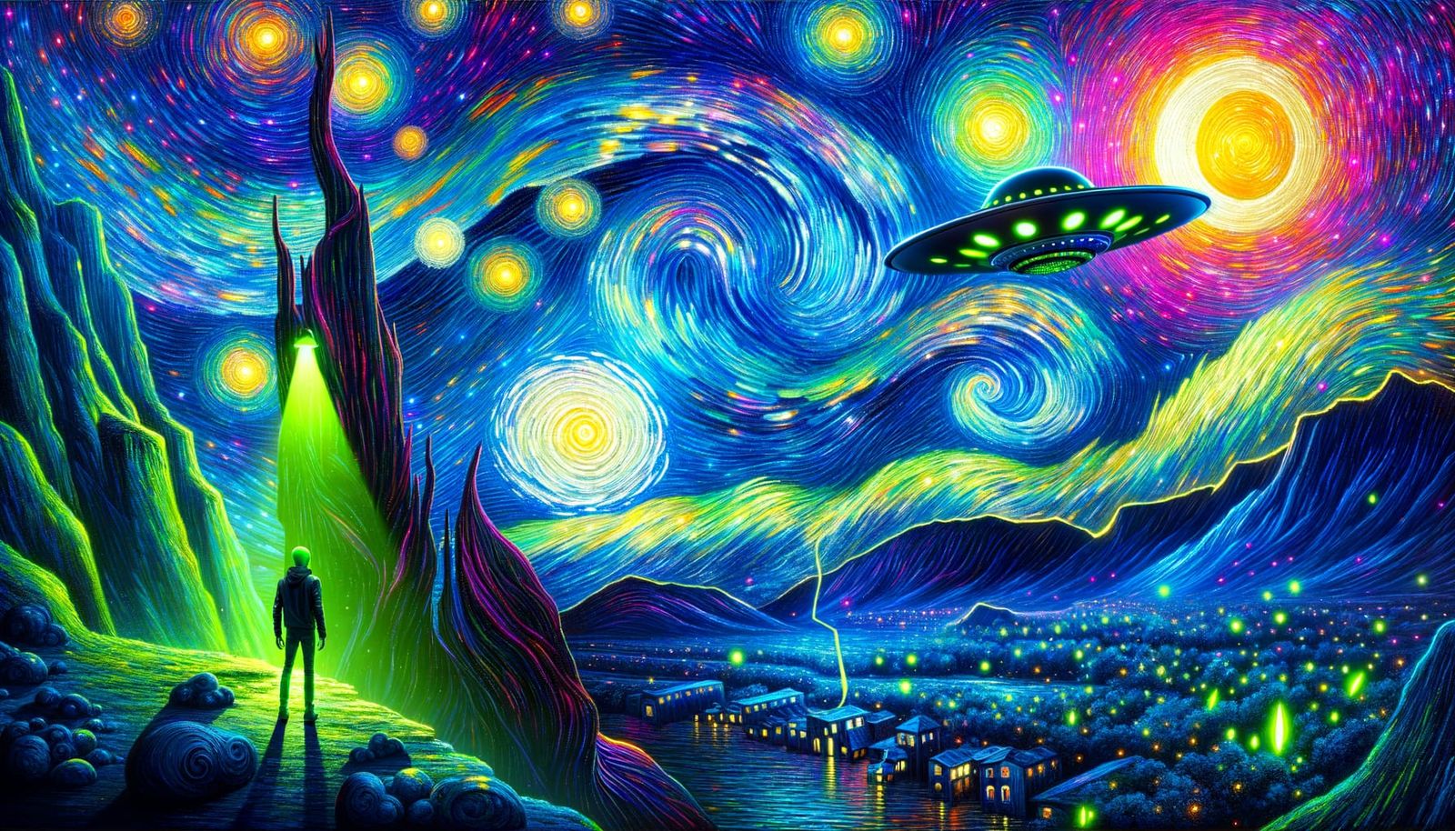 UFO and Alien in Starry Night Blacklight Tapestry