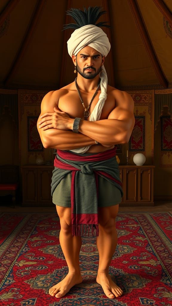 Muscular Persian Genie in Ancient Tent, Digital Art